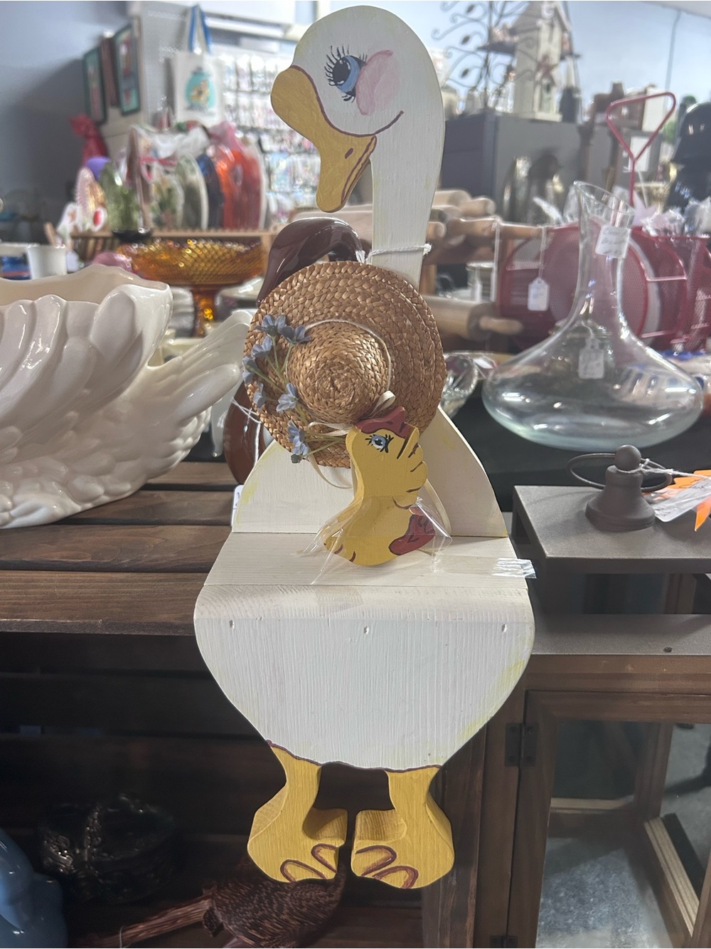 Hand-Painted White Goose shelf sitter/I taped baby duck so it wouldn’t get lost